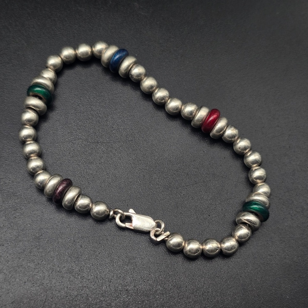 Sterling Silver Beaded Bracelet Primary Color Enamel Discs 925